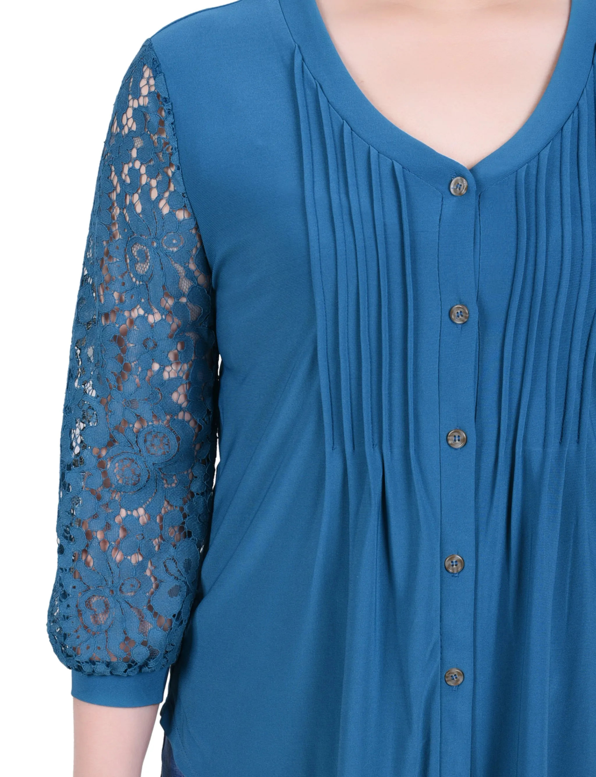 Petite Lace-Sleeve V Neck Top