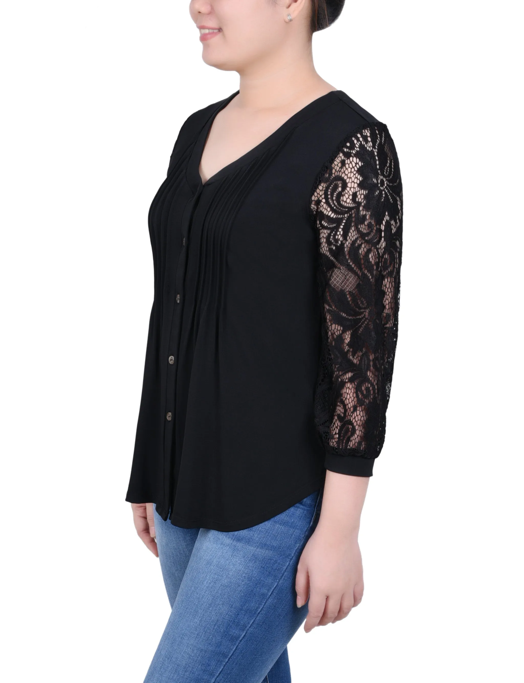Petite Lace-Sleeve V Neck Top