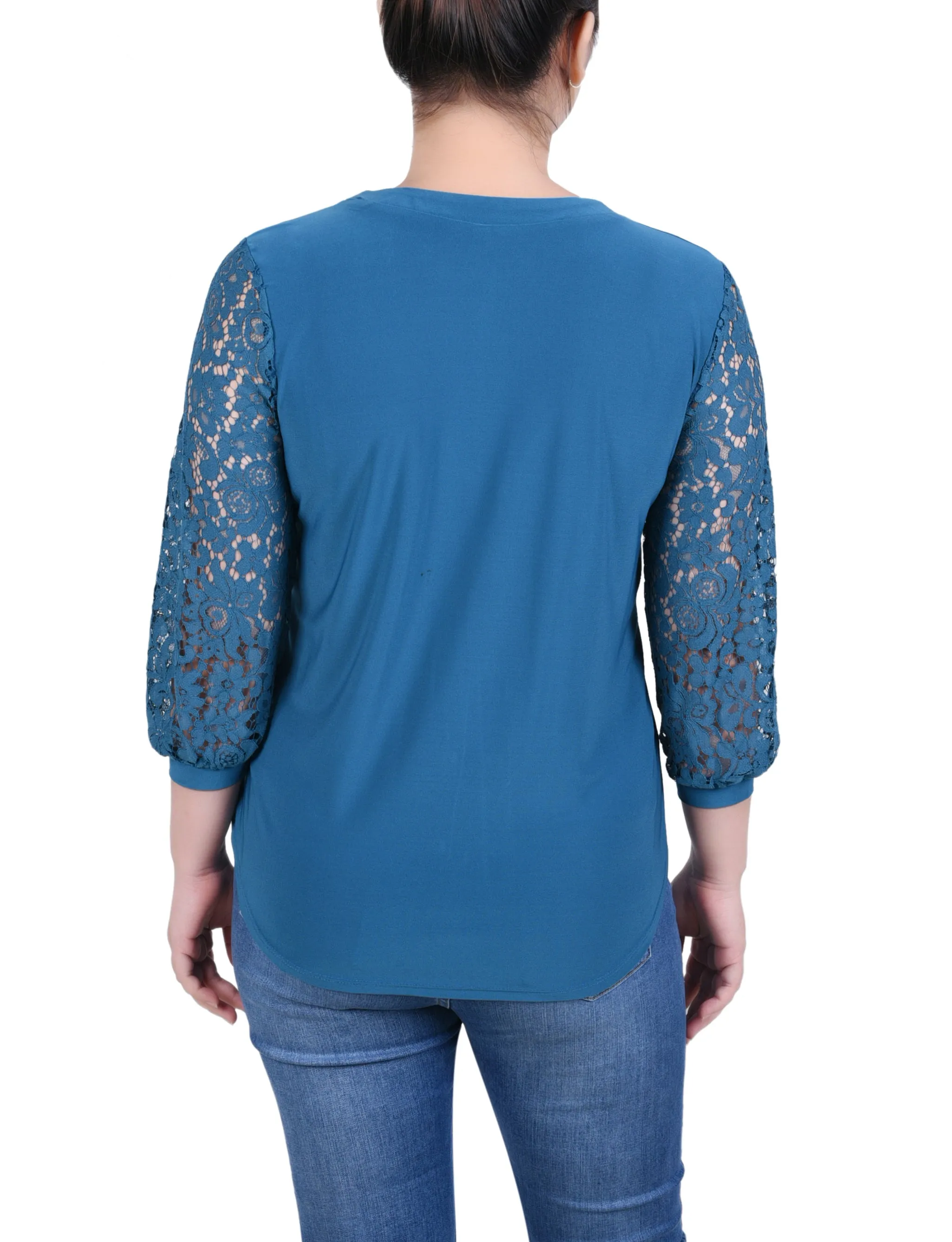 Petite Lace-Sleeve V Neck Top