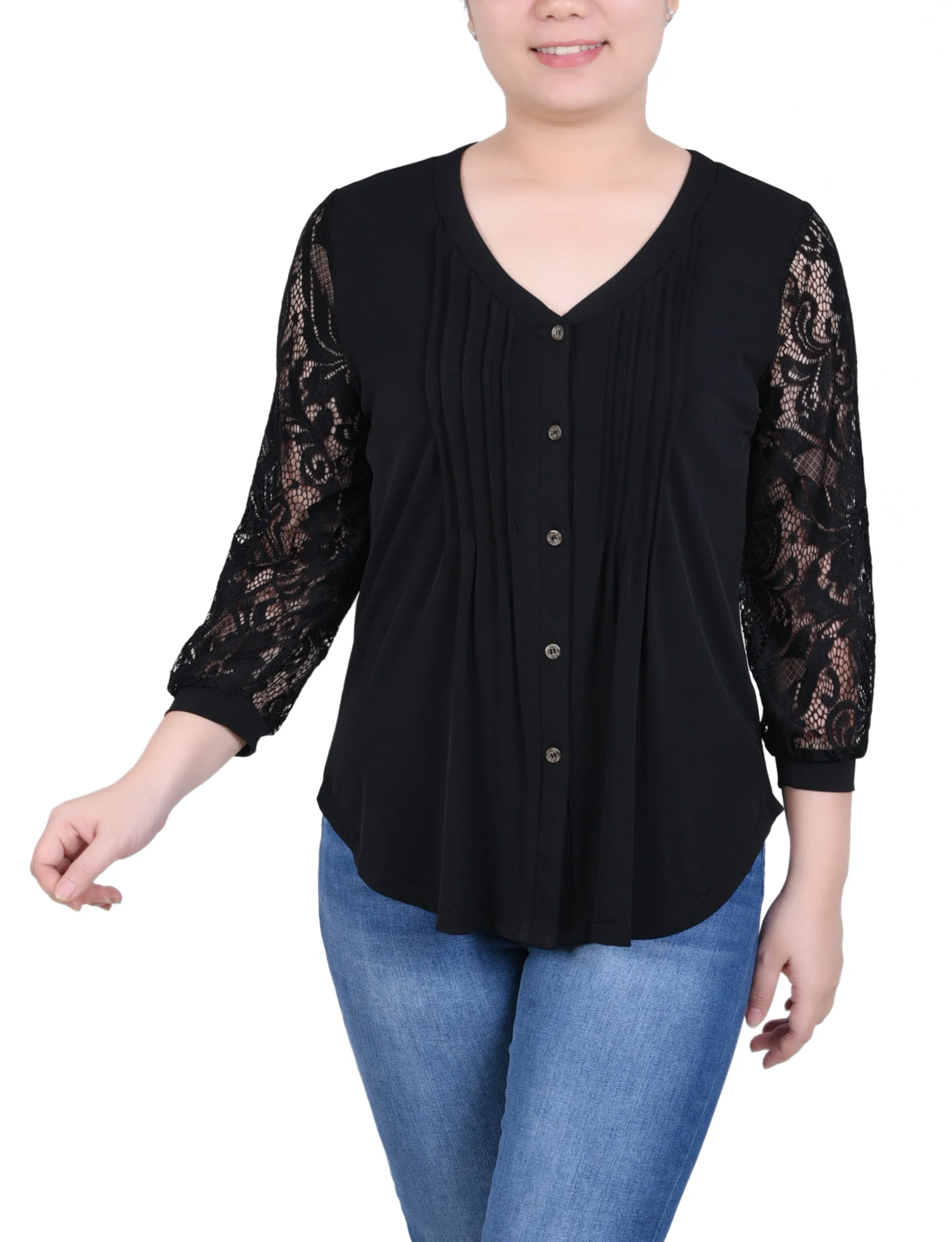 Petite Lace-Sleeve V Neck Top