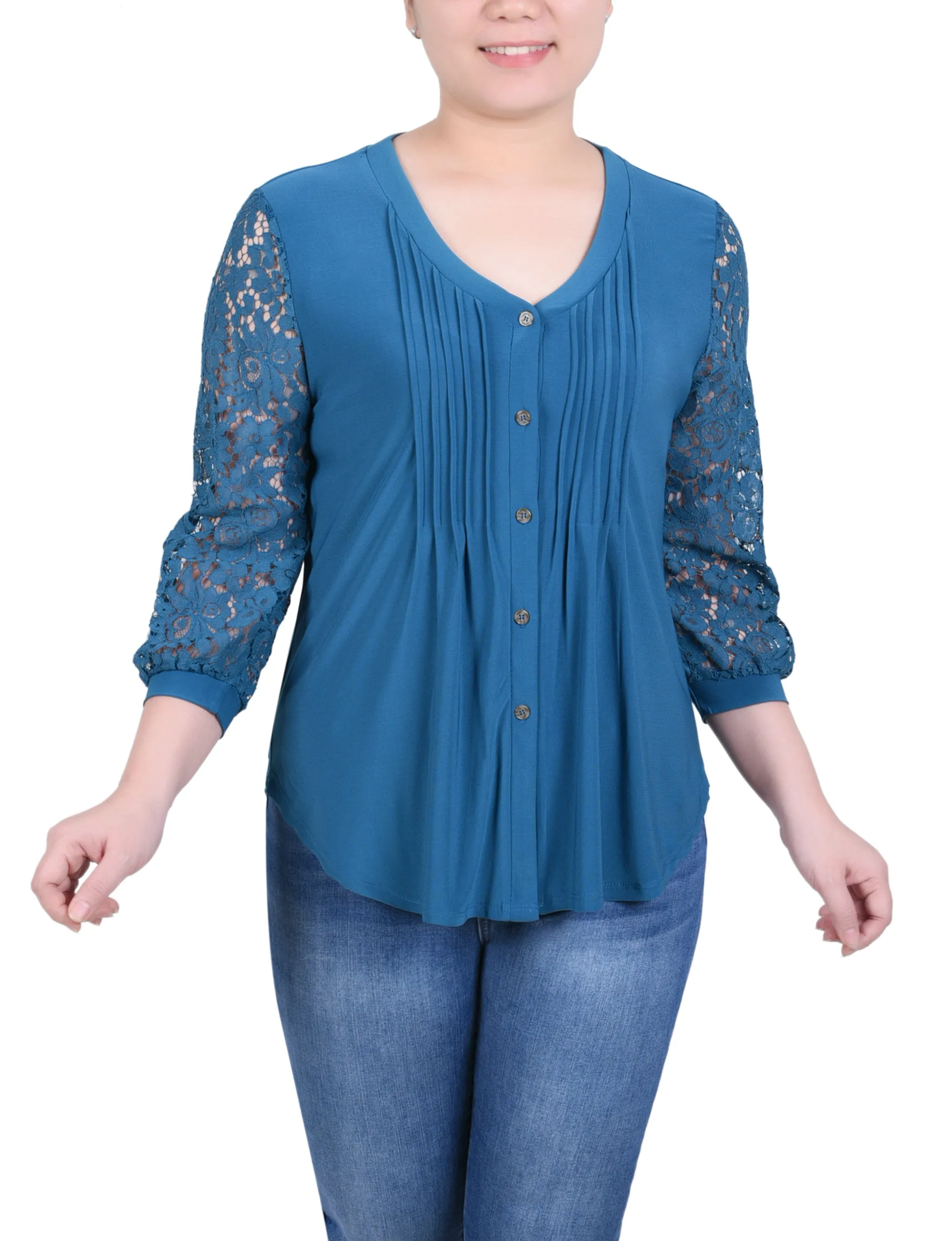 Petite Lace-Sleeve V Neck Top
