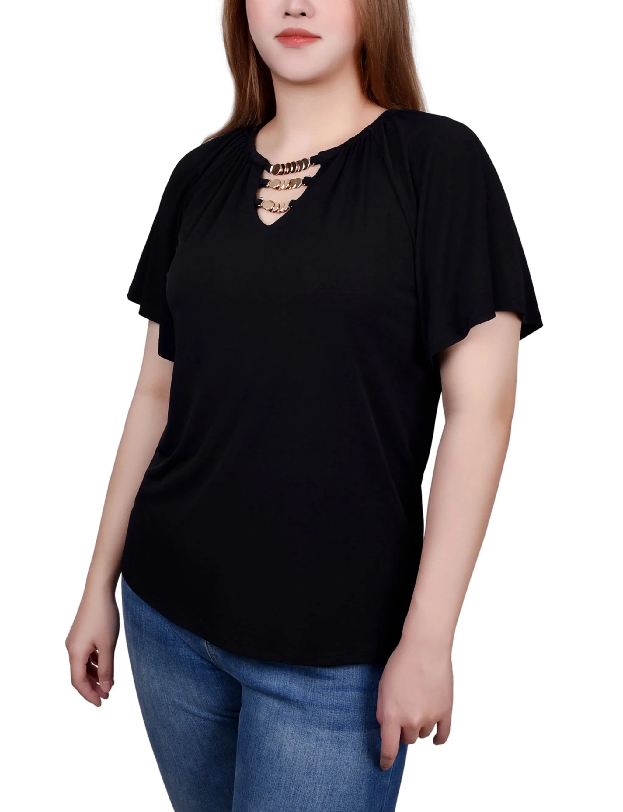 Petite Raglan Sleeve Top With Chain Details