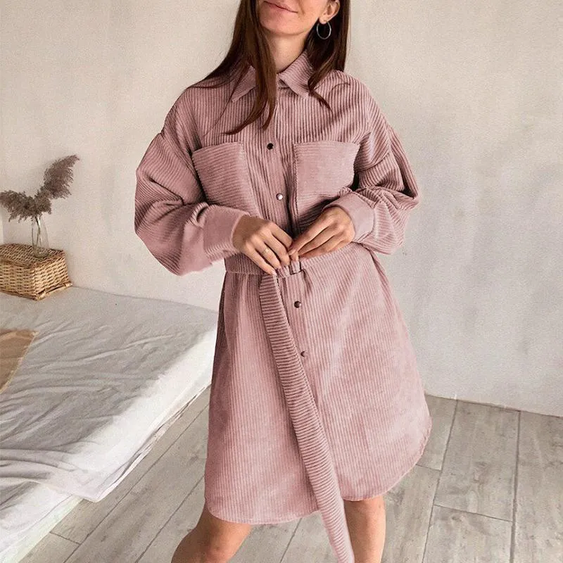 Pink A-Line corduroy short dress with belt Chic Turn-down single collar dress