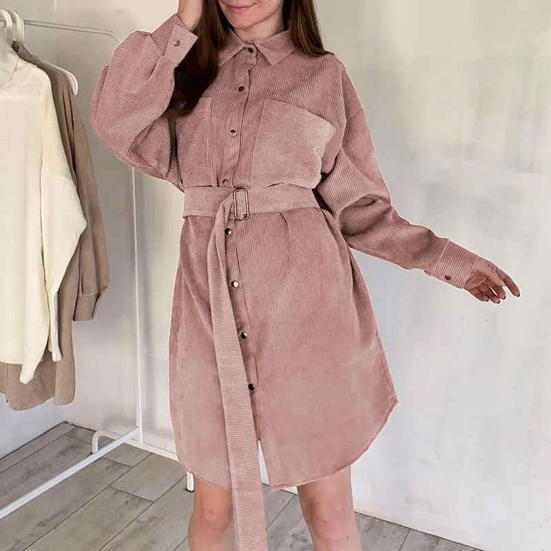 Pink A-Line corduroy short dress with belt Chic Turn-down single collar dress