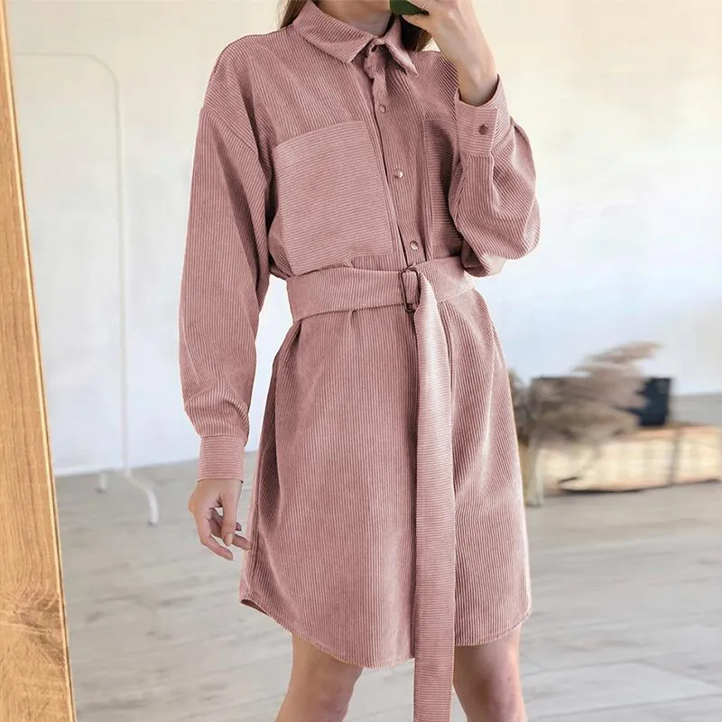 Pink A-Line corduroy short dress with belt Chic Turn-down single collar dress