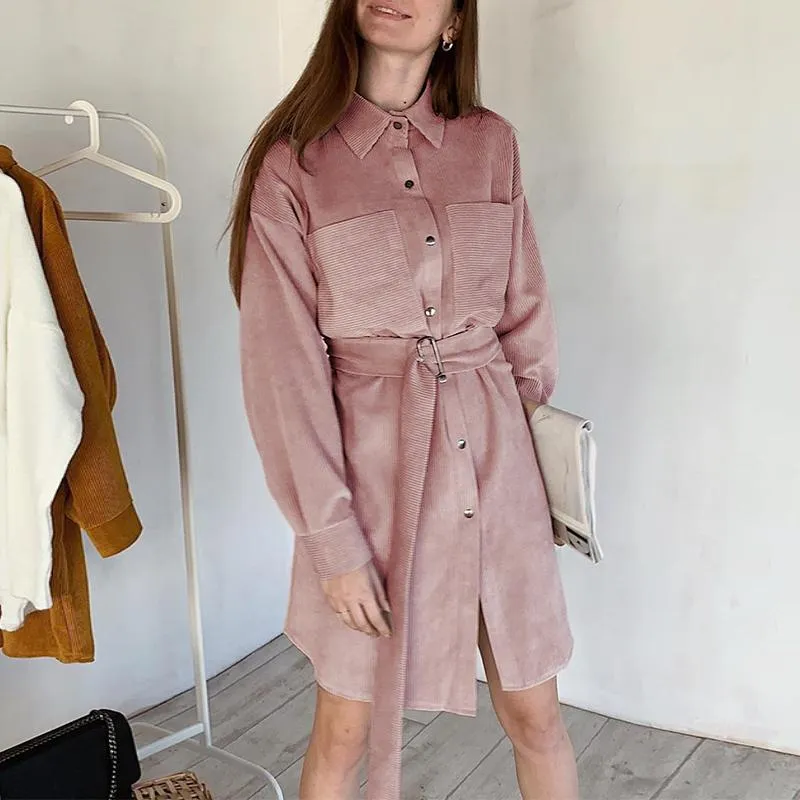 Pink A-Line corduroy short dress with belt Chic Turn-down single collar dress