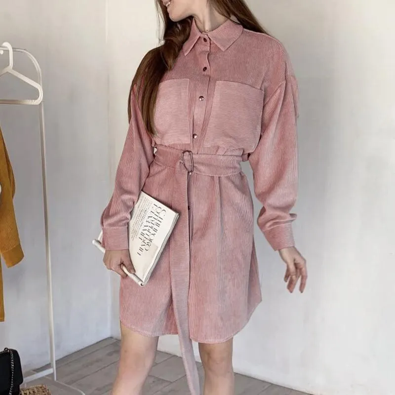 Pink A-Line corduroy short dress with belt Chic Turn-down single collar dress