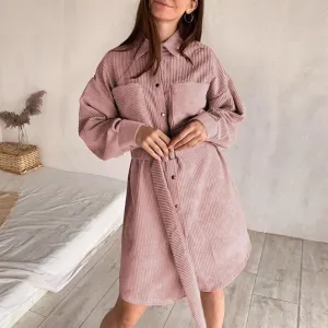 Pink A-Line corduroy short dress with belt Chic Turn-down single collar dress