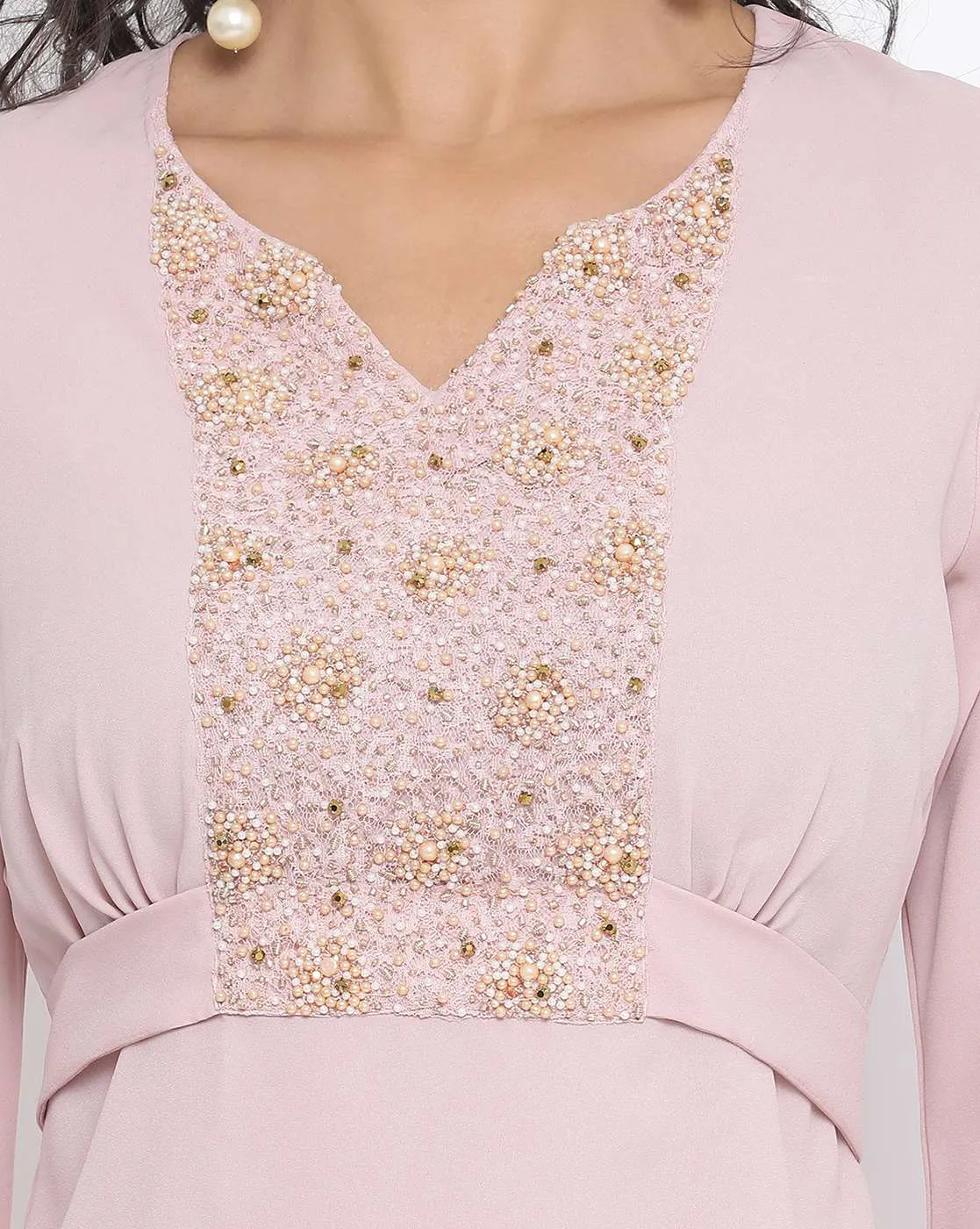 Pink Georgette Top With Emb. At Yoke With Back Tie Knot