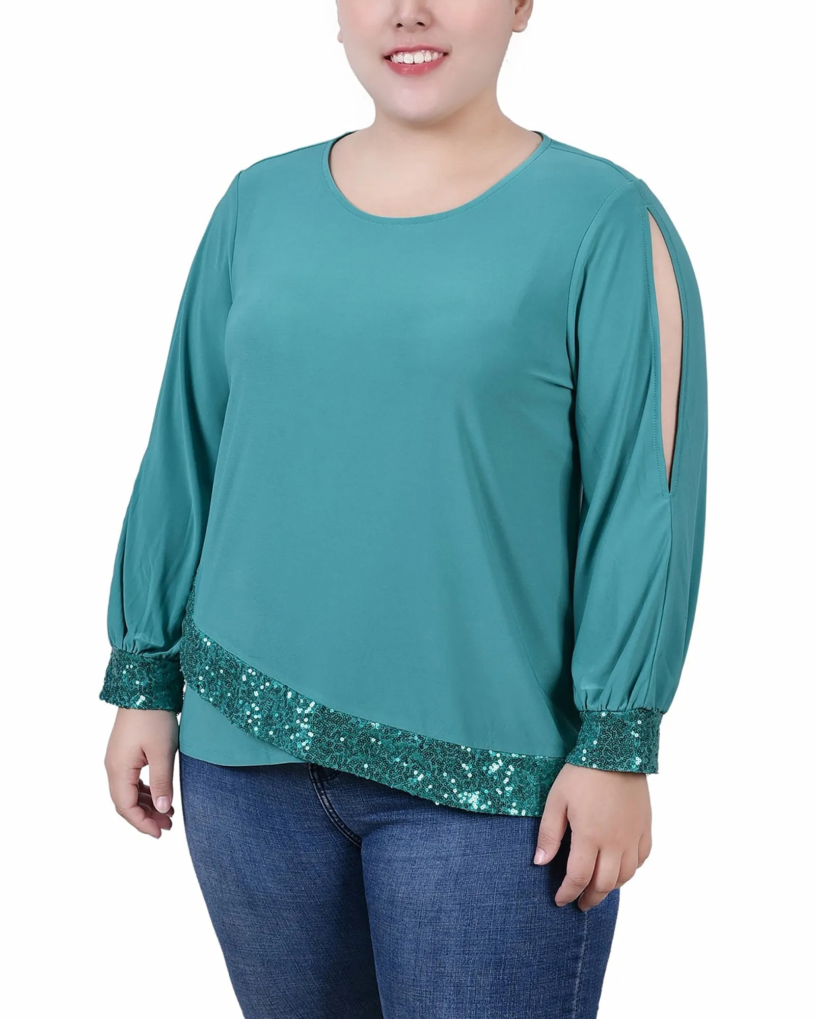 Plus Size Long Sleeve Knit Top With Sequin Hem