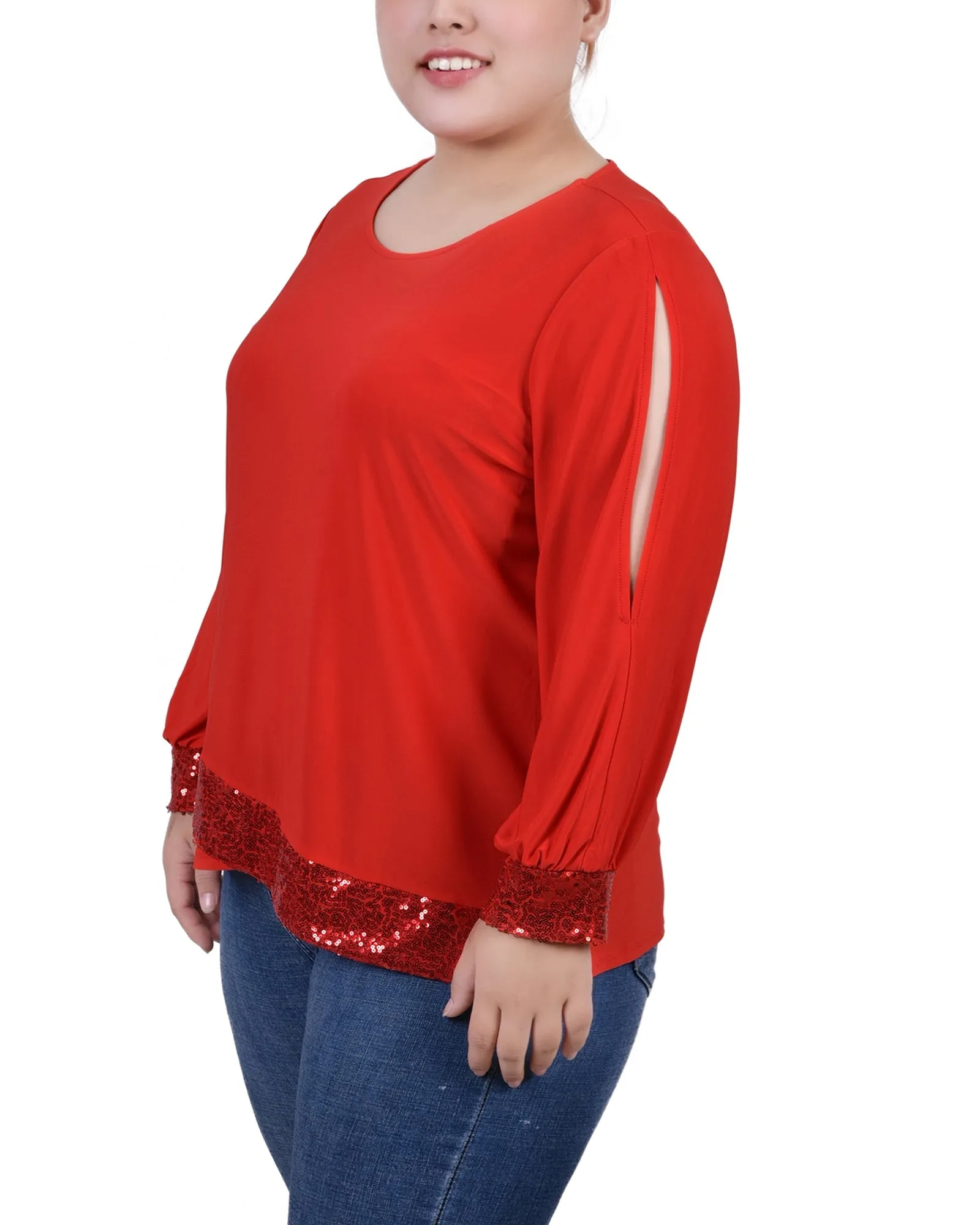Plus Size Long Sleeve Knit Top With Sequin Hem