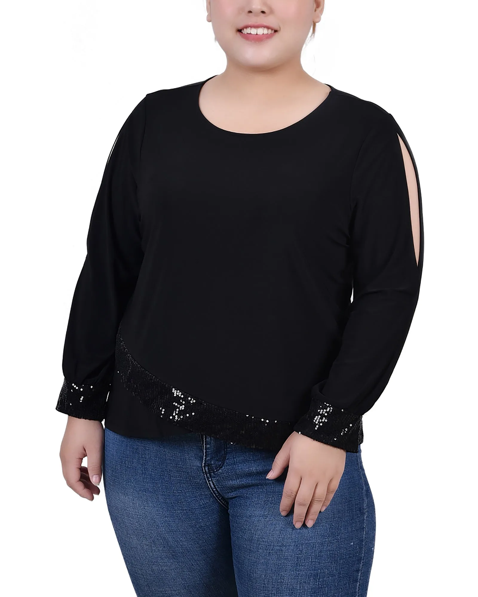 Plus Size Long Sleeve Knit Top With Sequin Hem
