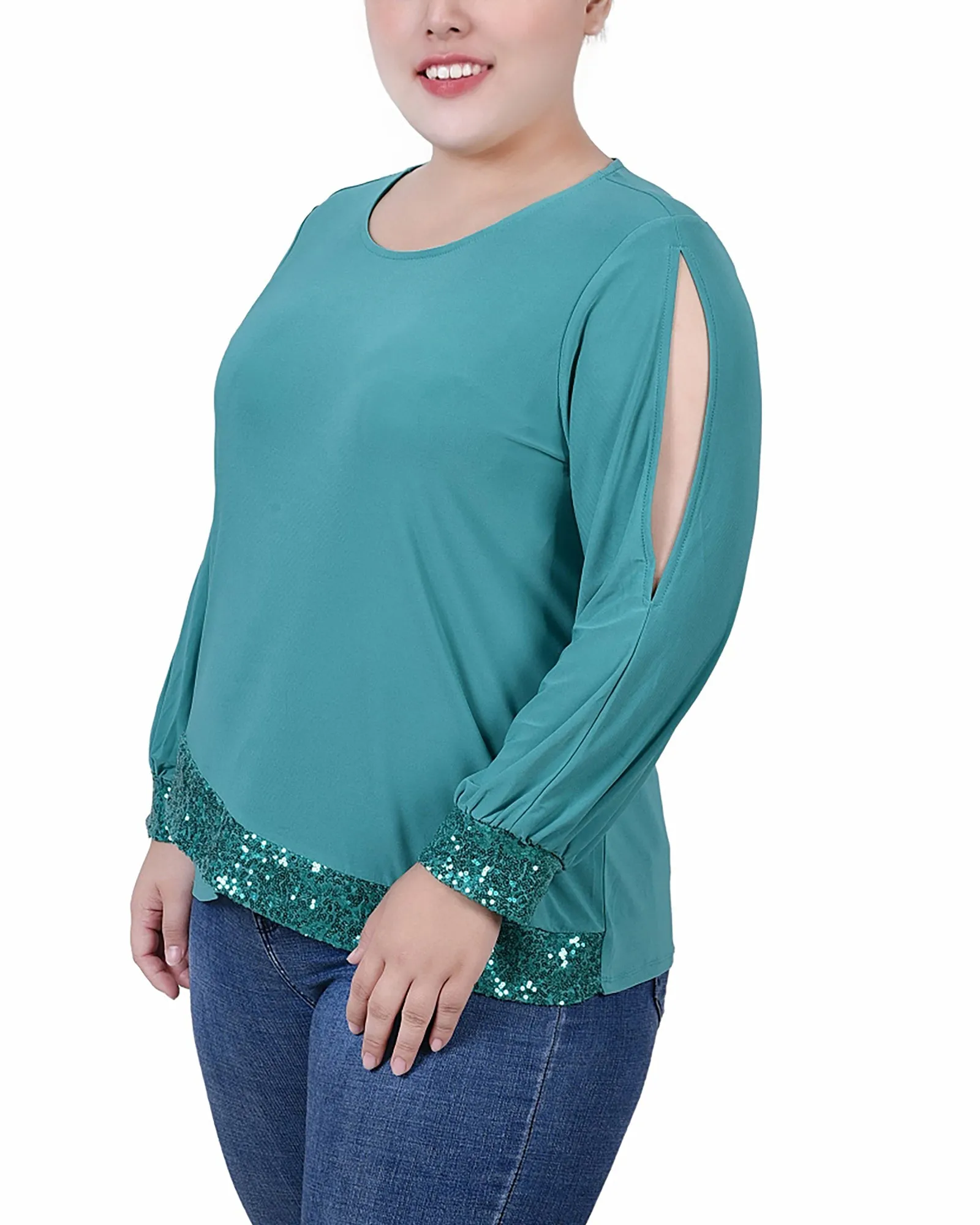 Plus Size Long Sleeve Knit Top With Sequin Hem