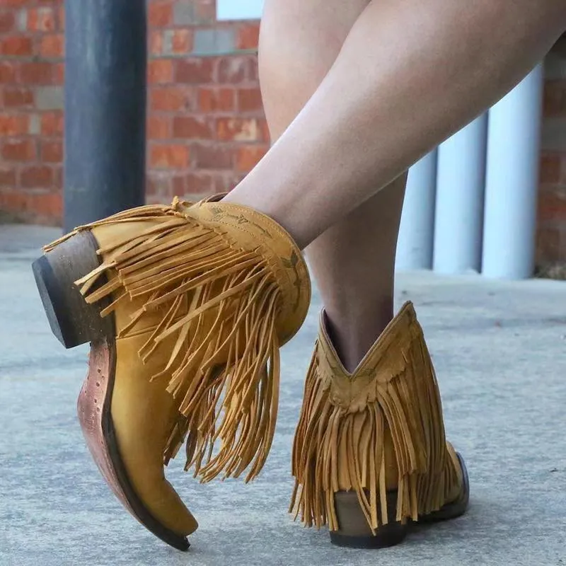 Pointed toe western boots block heel fringe boots wide calf ankle boots with tassel