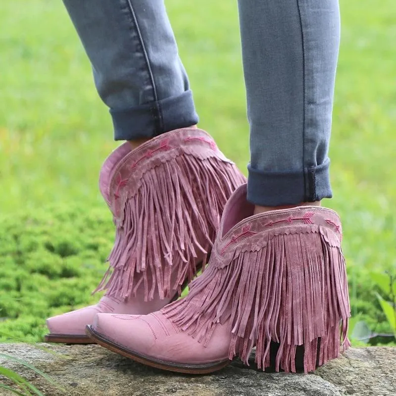 Pointed toe western boots block heel fringe boots wide calf ankle boots with tassel