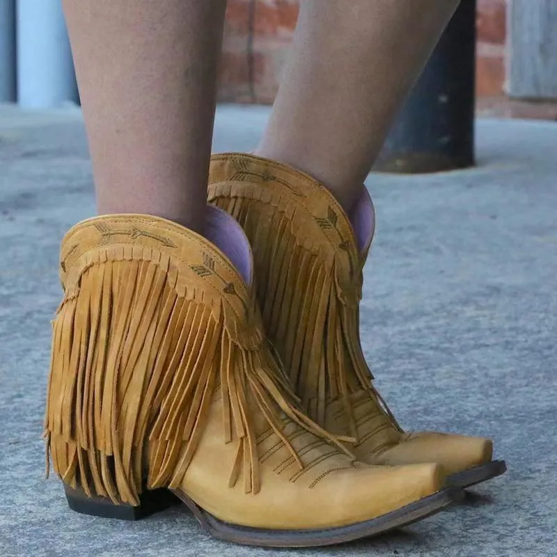 Pointed toe western boots block heel fringe boots wide calf ankle boots with tassel