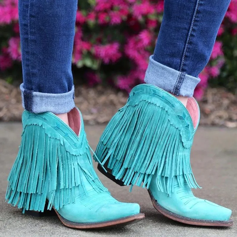 Pointed toe western boots block heel fringe boots wide calf ankle boots with tassel