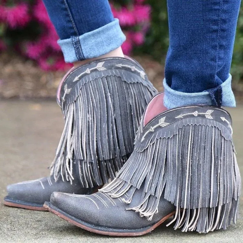 Pointed toe western boots block heel fringe boots wide calf ankle boots with tassel