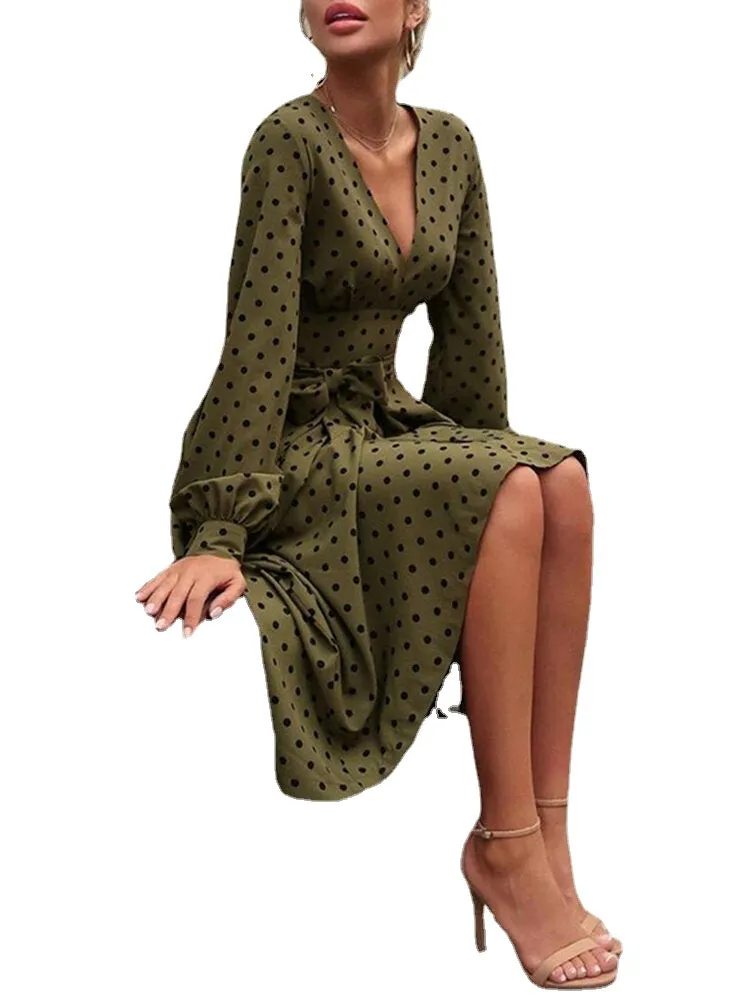 Polka Dot Print Long Sleeve V-neck Knotted Dress