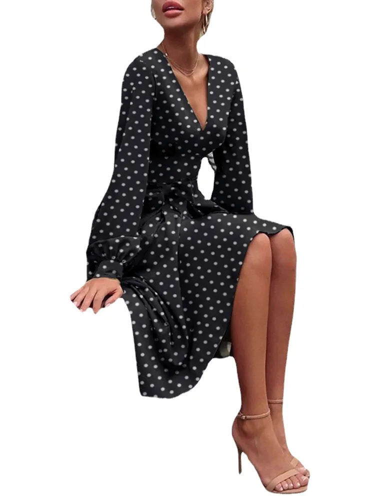Polka Dot Print Long Sleeve V-neck Knotted Dress