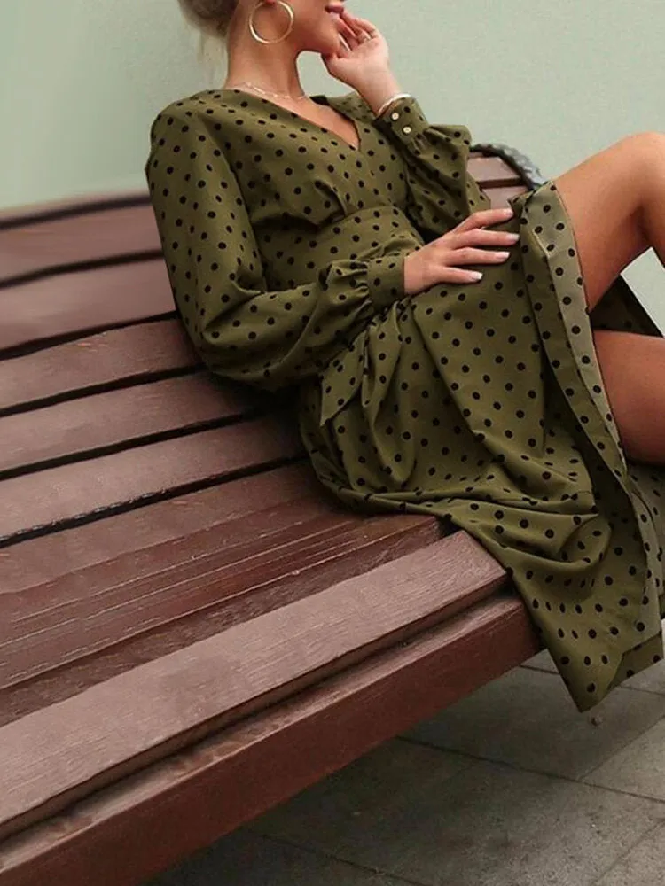 Polka Dot Print Long Sleeve V-neck Knotted Dress