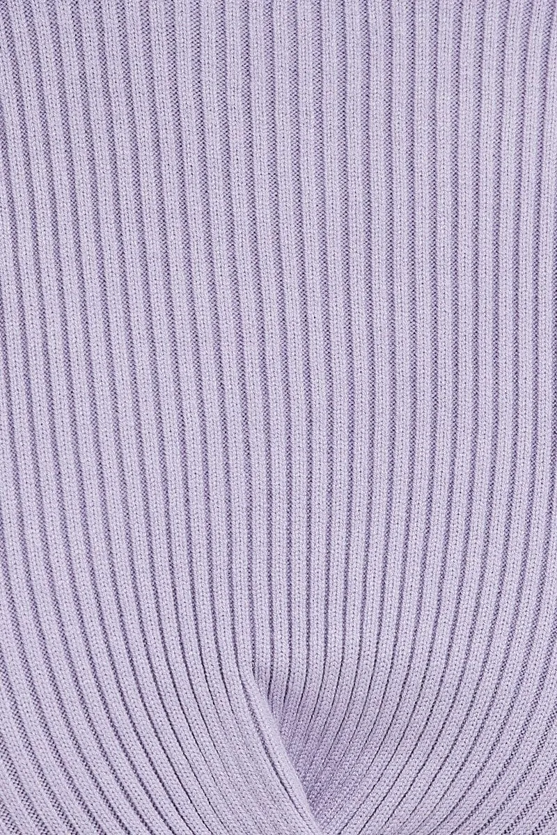 Purple Knit Top Long Sleeve Front Knot Detail Crop