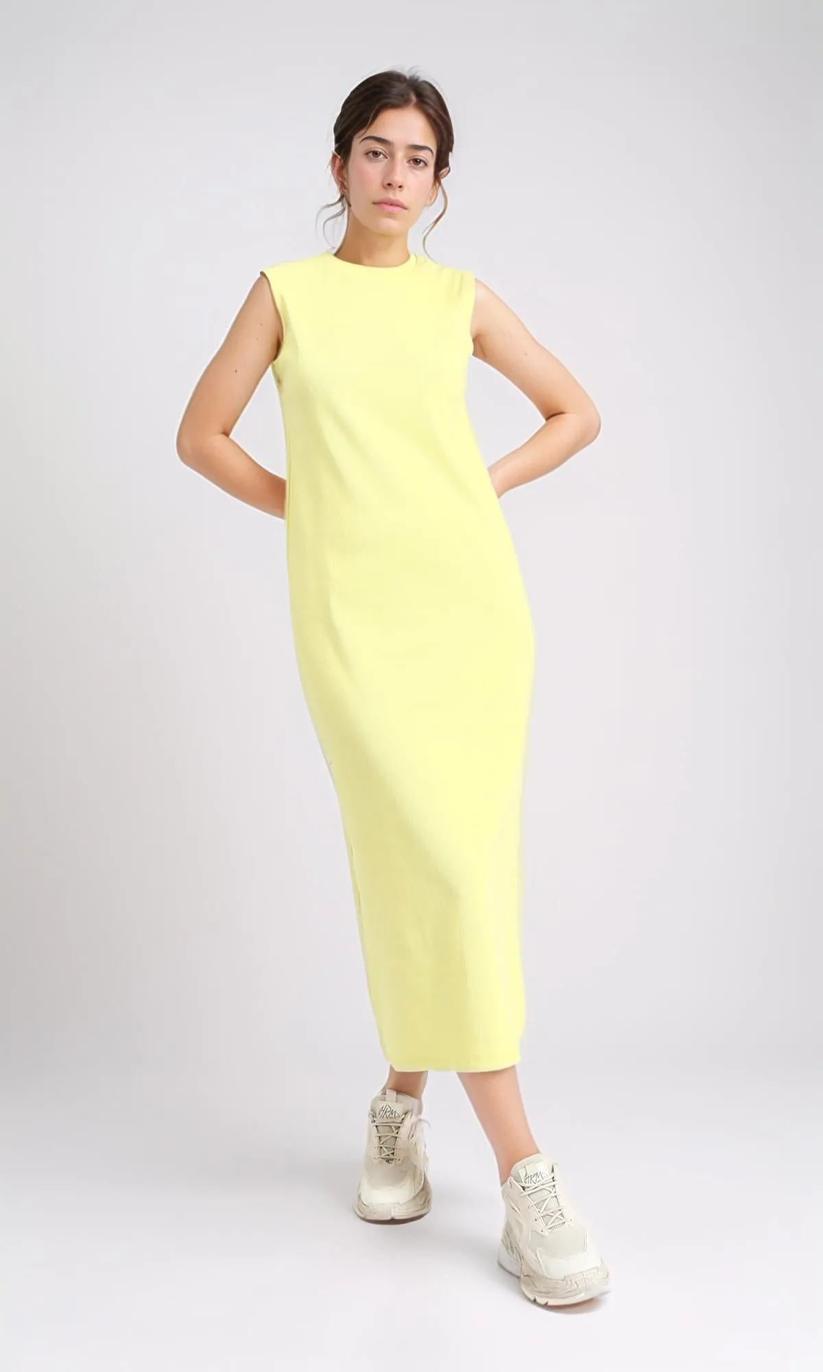 R210664 - Sleeveless Cotton Casual Midi Dress - Yellow