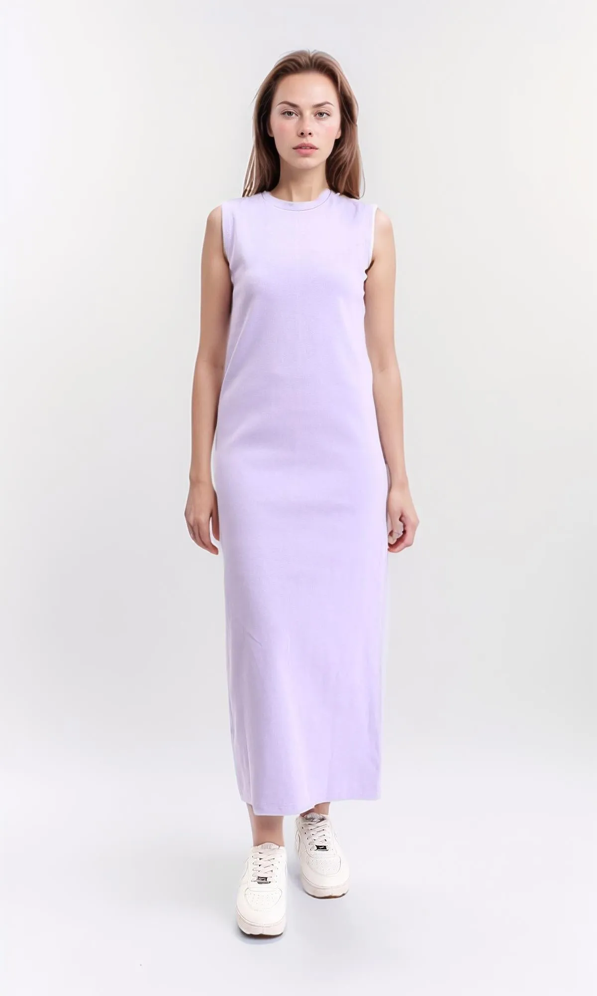 R210665 - Slip On Solid Casual Midi Dress - Light Purple