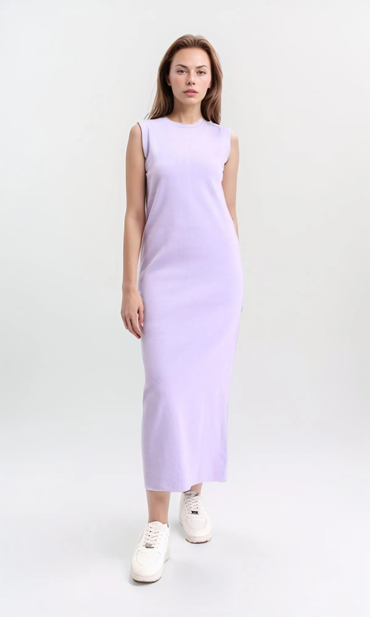 R210665 - Slip On Solid Casual Midi Dress - Light Purple