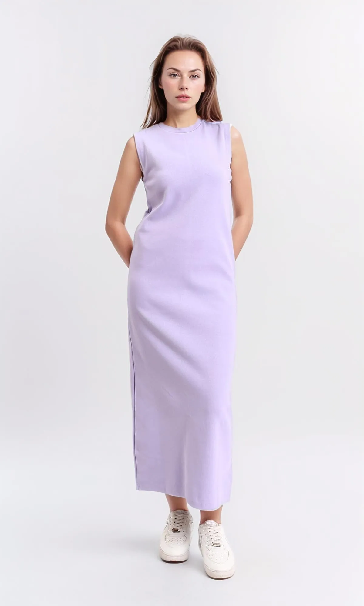 R210665 - Slip On Solid Casual Midi Dress - Light Purple