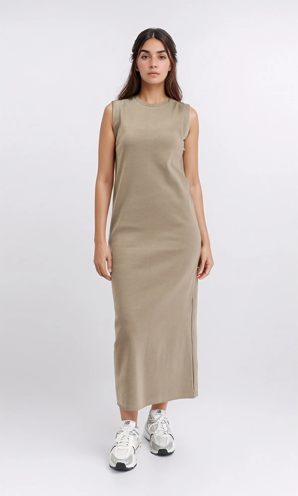 R210666 - Slip On Solid Casual Midi Dress - Light Coffee