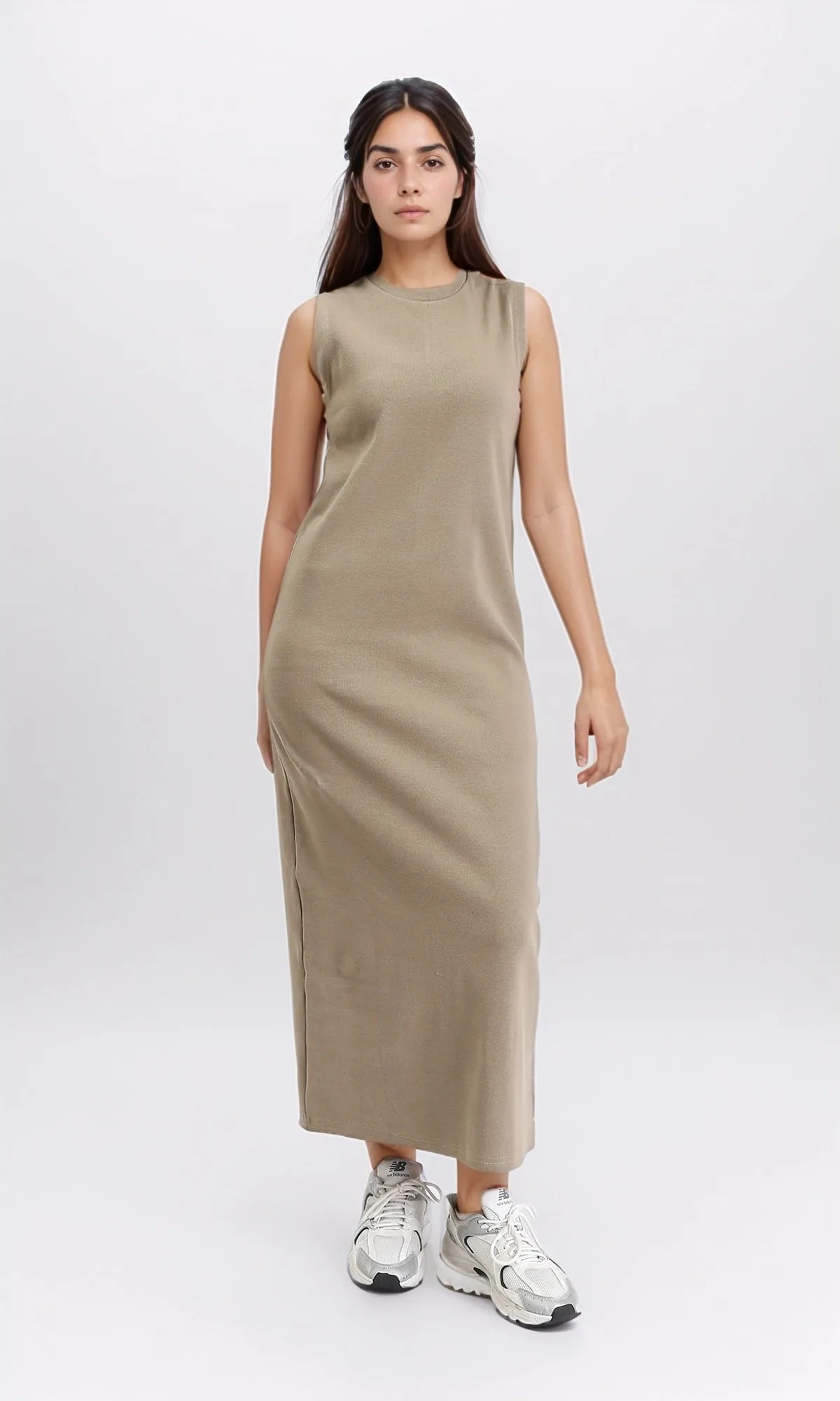 R210666 - Slip On Solid Casual Midi Dress - Light Coffee
