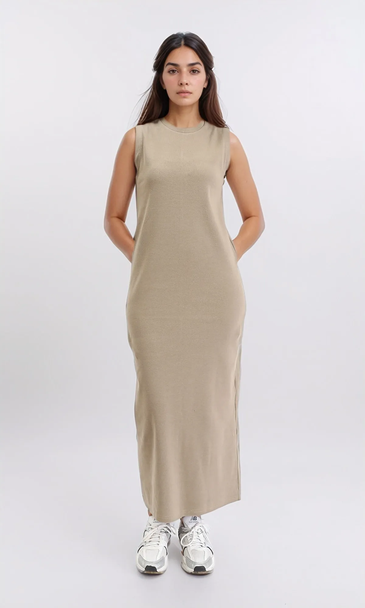 R210666 - Slip On Solid Casual Midi Dress - Light Coffee
