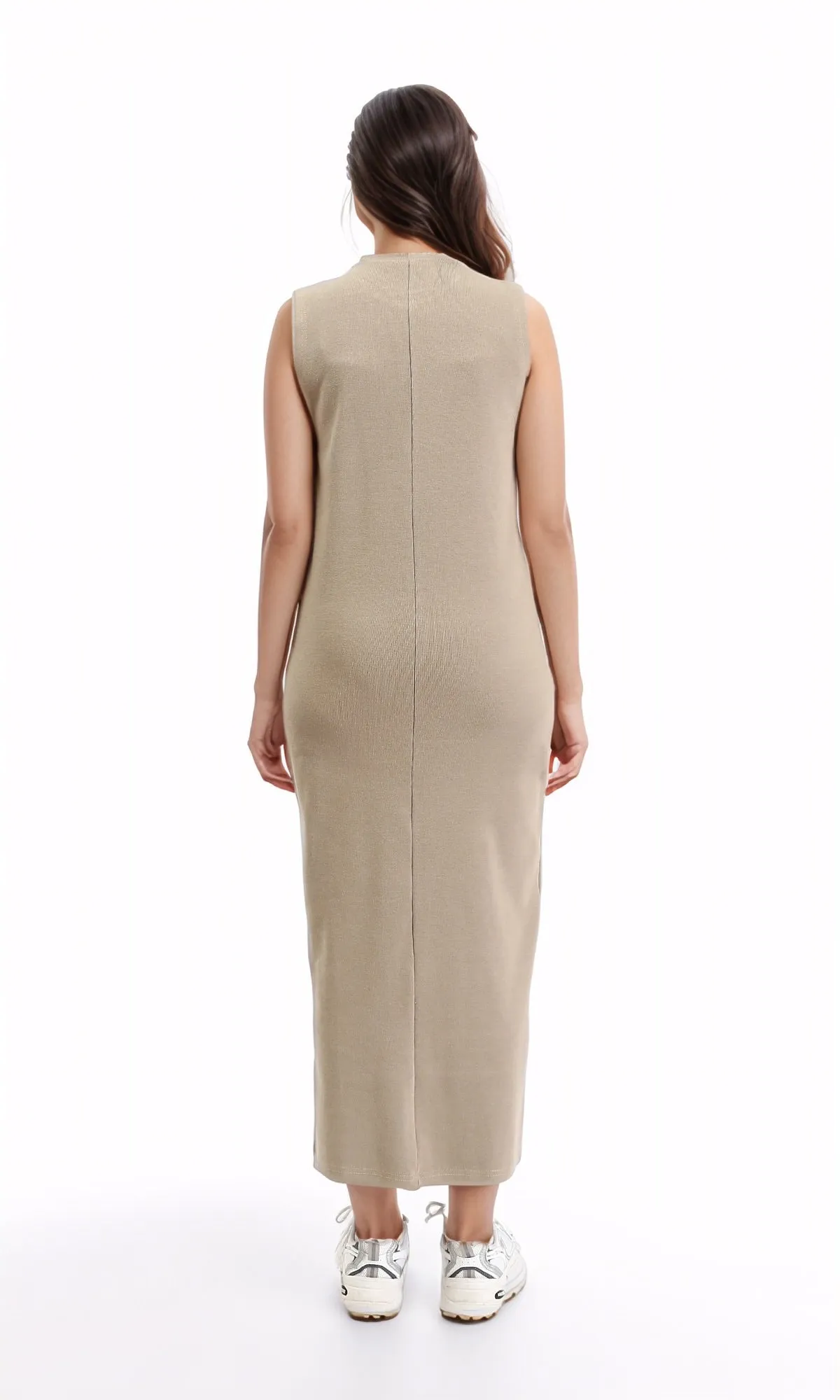 R210666 - Slip On Solid Casual Midi Dress - Light Coffee