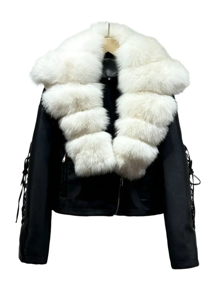 Ribbed Fur Leather Lace Sleeve Jacket
