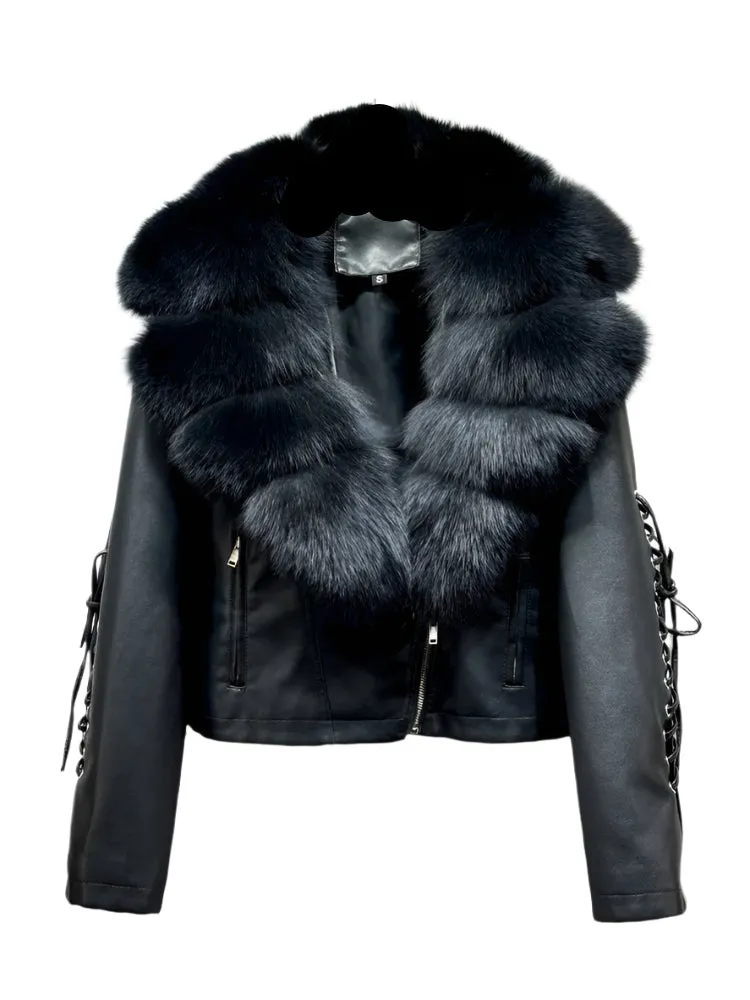 Ribbed Fur Leather Lace Sleeve Jacket