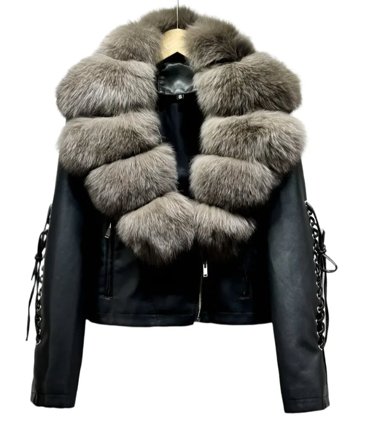 Ribbed Fur Leather Lace Sleeve Jacket