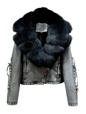 Ribbed Fur Leather Lace Sleeve Jacket