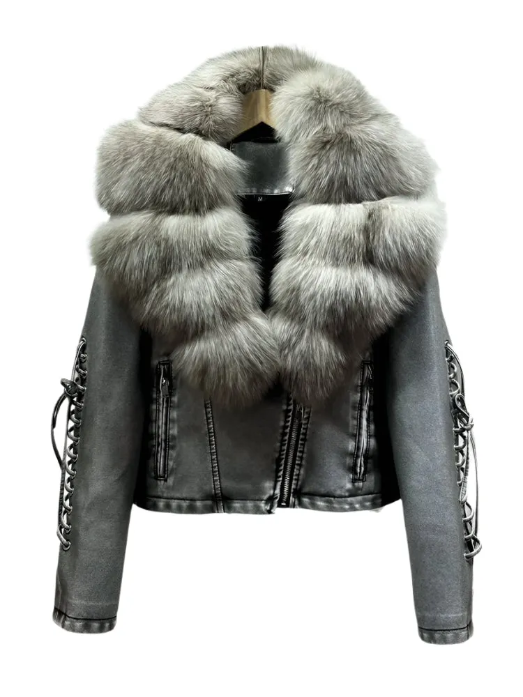 Ribbed Fur Leather Lace Sleeve Jacket