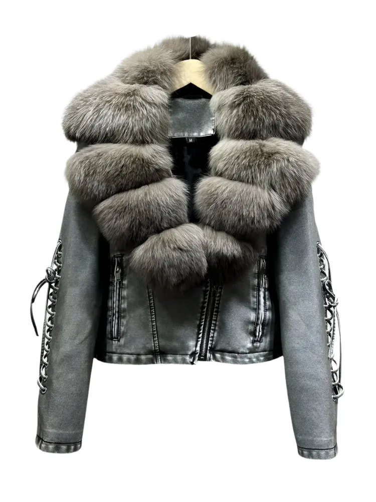 Ribbed Fur Leather Lace Sleeve Jacket