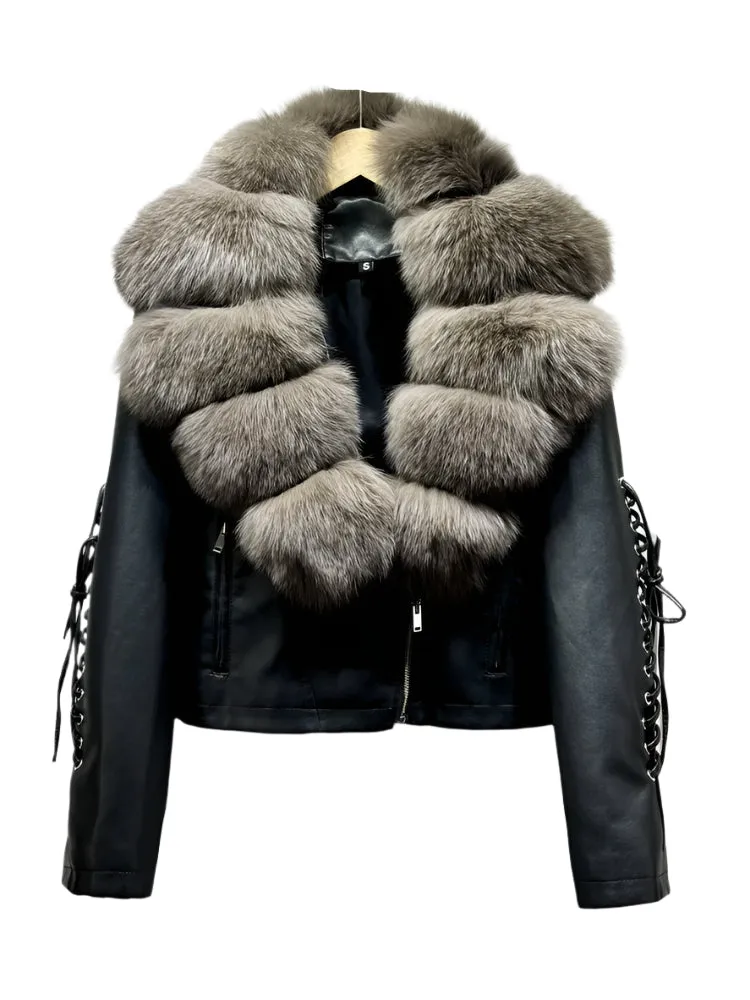 Ribbed Fur Leather Lace Sleeve Jacket