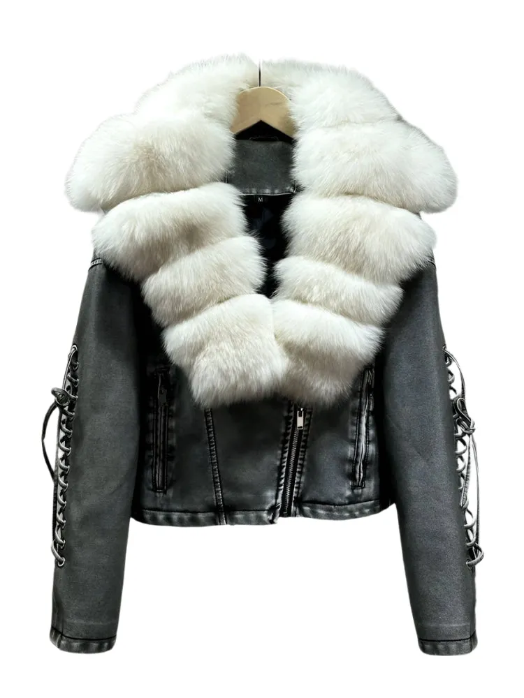 Ribbed Fur Leather Lace Sleeve Jacket