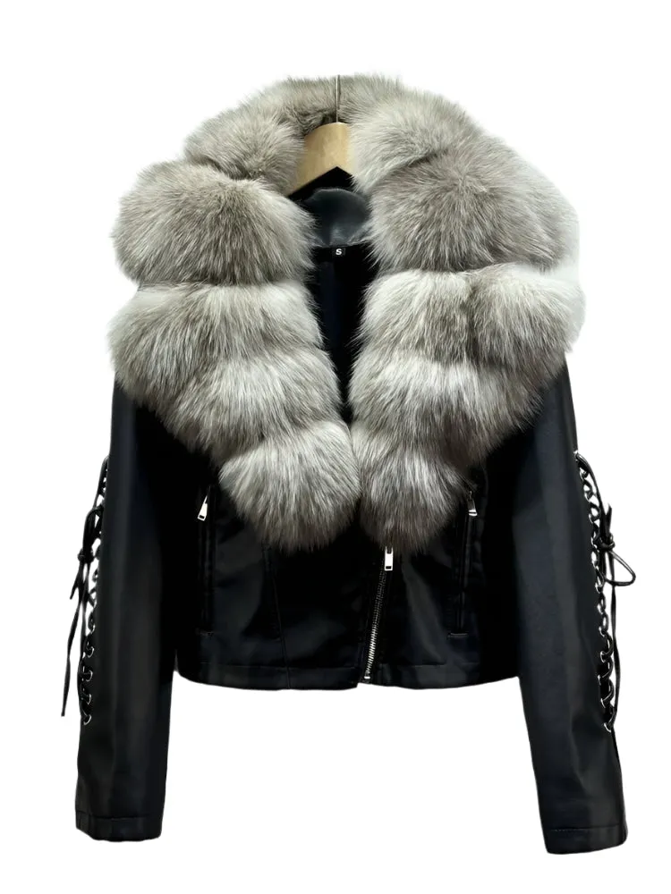 Ribbed Fur Leather Lace Sleeve Jacket