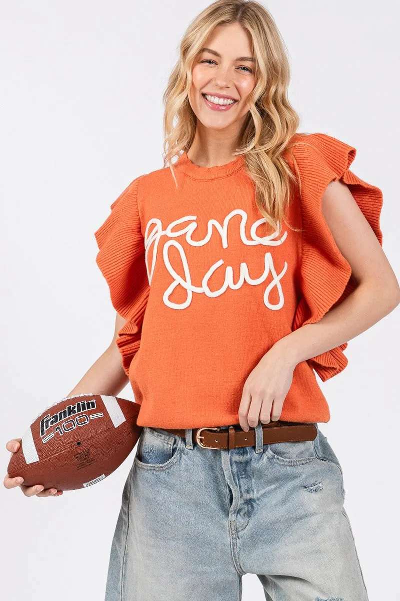 Ruffle Game Day Top - Burnt Orange/White