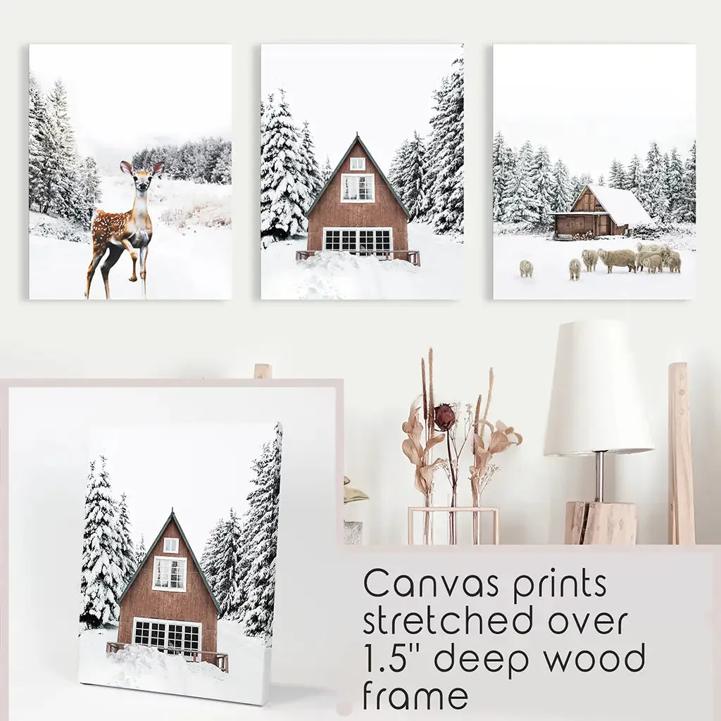 Rustic Winter Set of 3 Wall Art Prints. Animals, Log Cabin