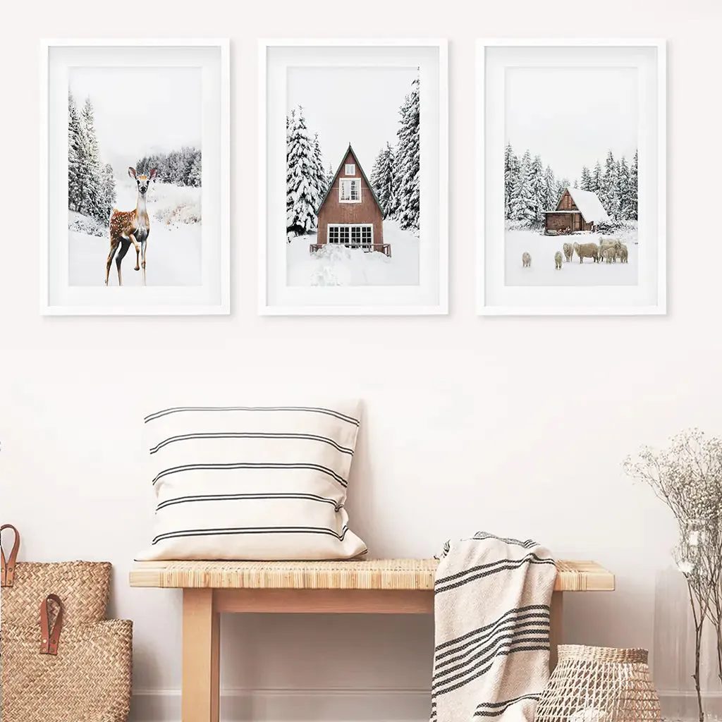 Rustic Winter Set of 3 Wall Art Prints. Animals, Log Cabin
