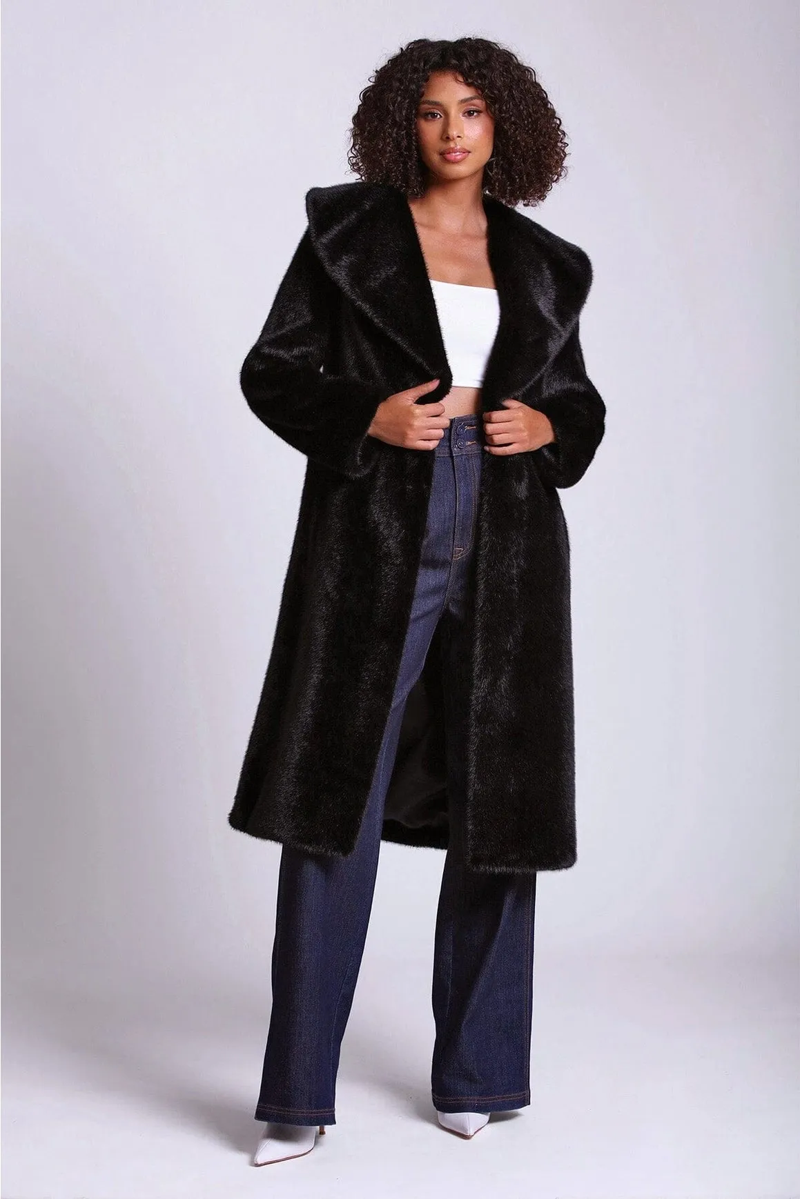 Shawl Collar Faux Fur Coat