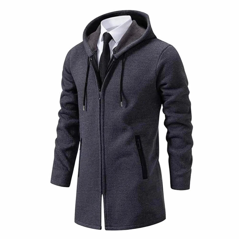 Solid Color Fleece Mid-Length Hooded Zipper Coat