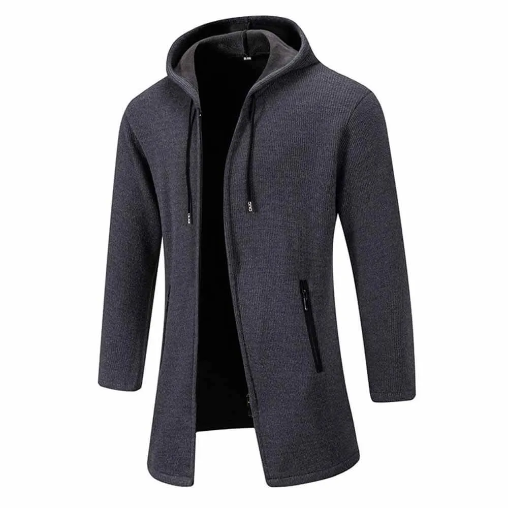 Solid Color Fleece Mid-Length Hooded Zipper Coat