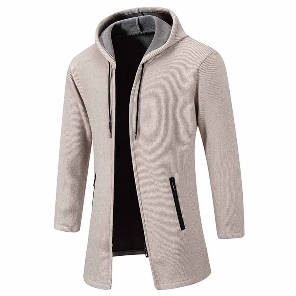 Solid Color Fleece Mid-Length Hooded Zipper Coat